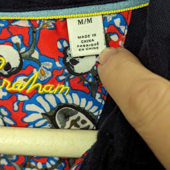 Robert Graham Men's Polo Golf Shirt M Navy Blue with Red Skull Button Placket - Picture 3 of 4